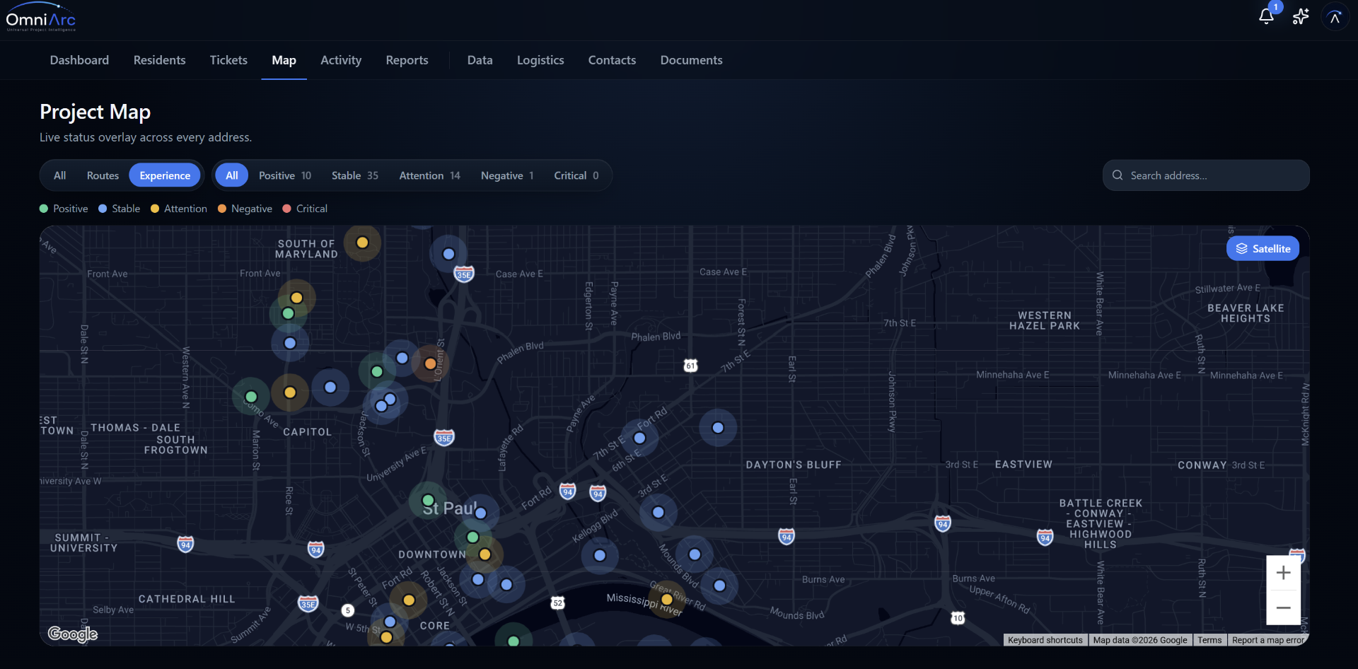 Live project map with resident experience overlay